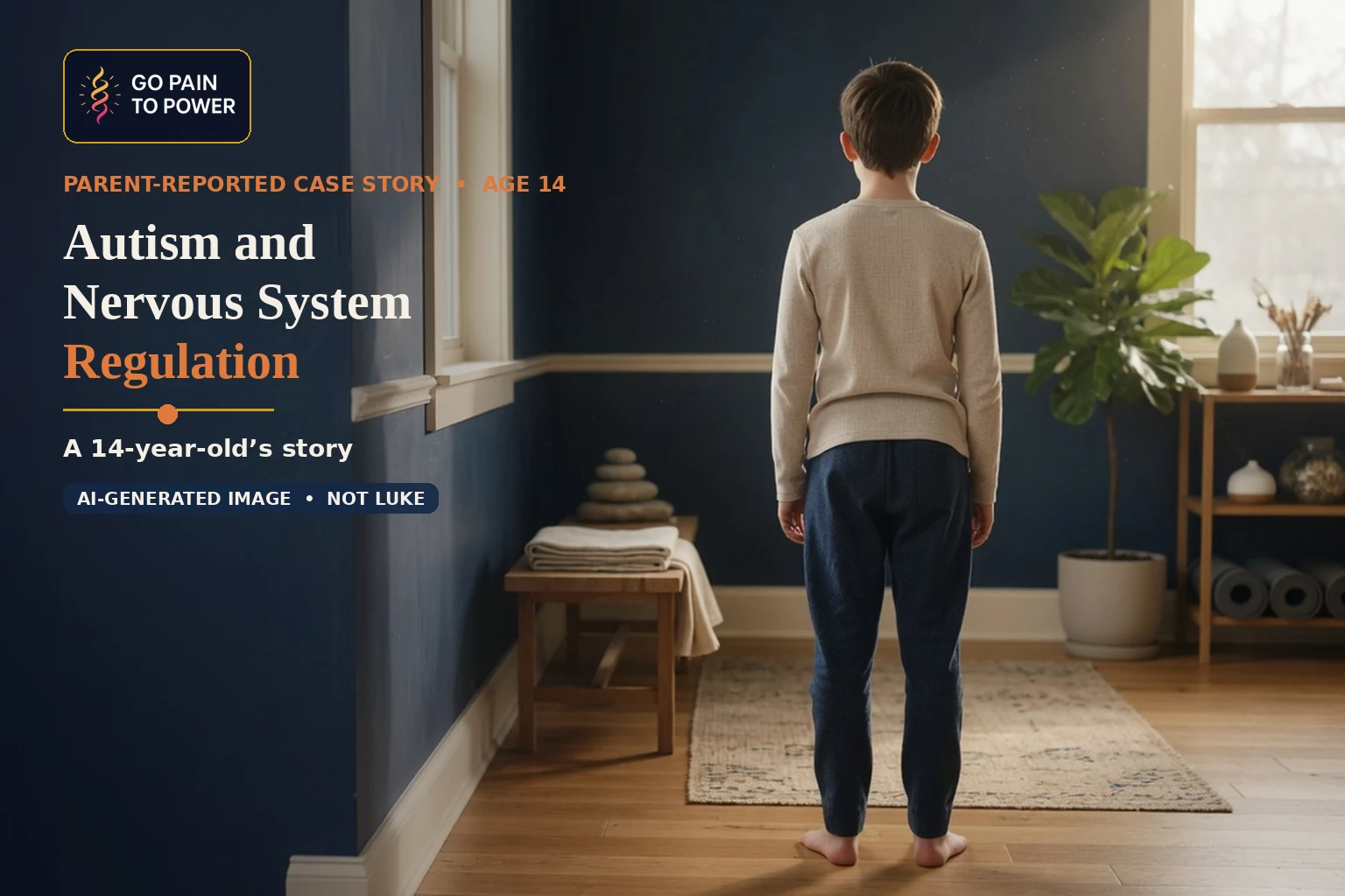 Photorealistic back view of an anonymous 14-year-old boy in a parent-reported autism case story