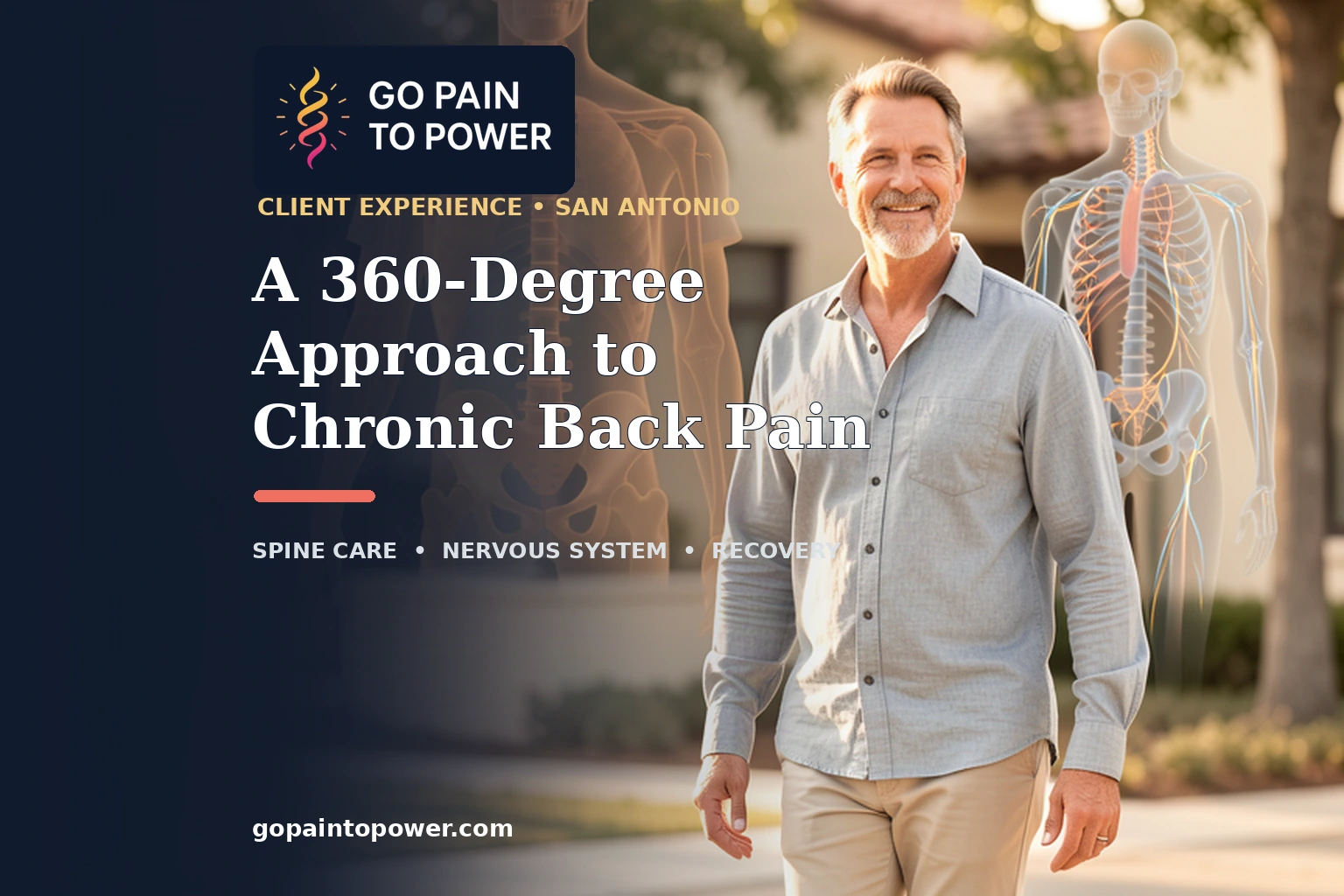 Editorial image illustrating coordinated spine care, nervous-system support, and recovery for chronic back pain