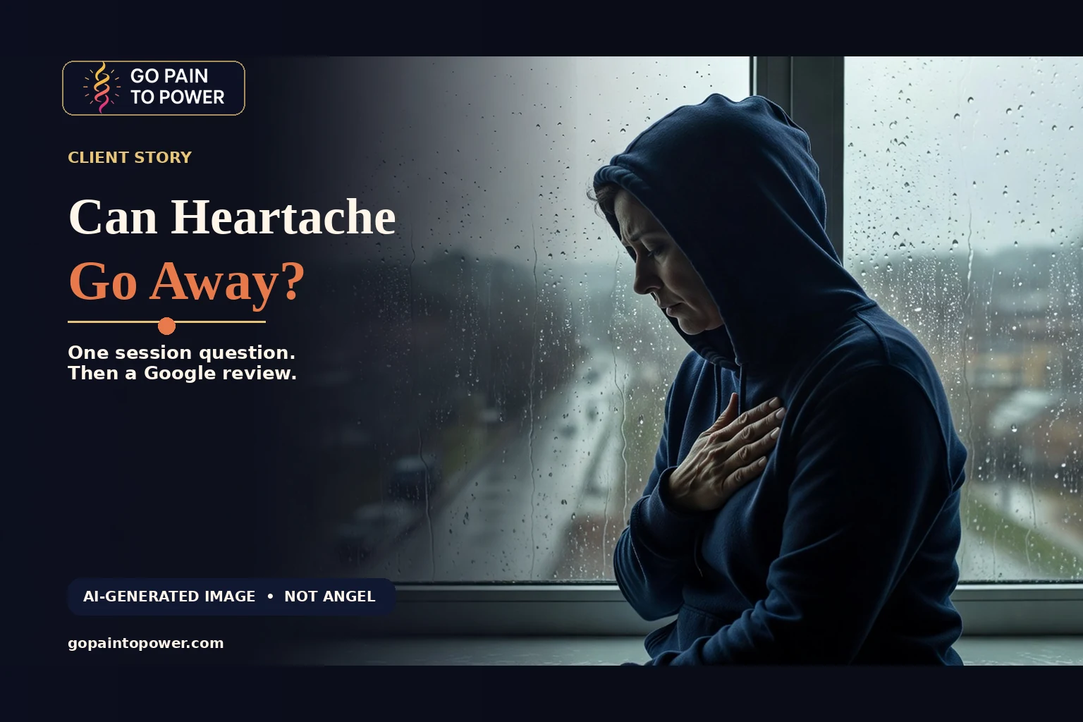 Photorealistic AI-generated woman at a rainy window with her hand on her chest, labeled as not Angel