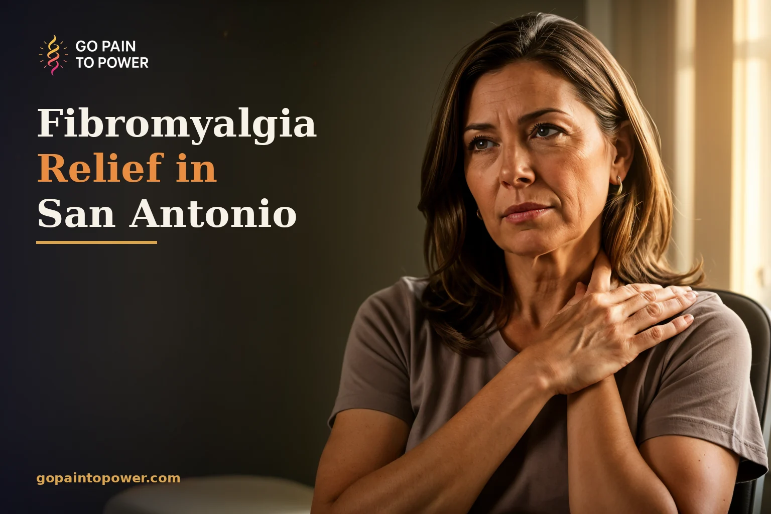 Illustrative image of a woman holding her neck and shoulder, for a fibromyalgia relief guide in San Antonio