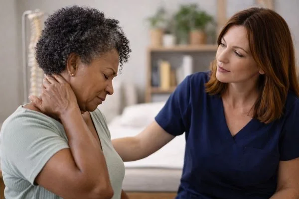 A woman discussing neck and widespread pain during a wellness consultation