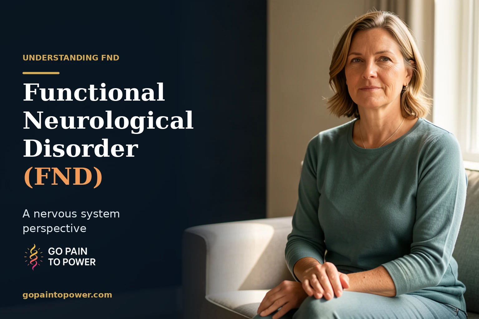 AI-generated illustrative photograph of a woman seated at home, with a Functional Neurological Disorder (FND) article title; not a client photograph