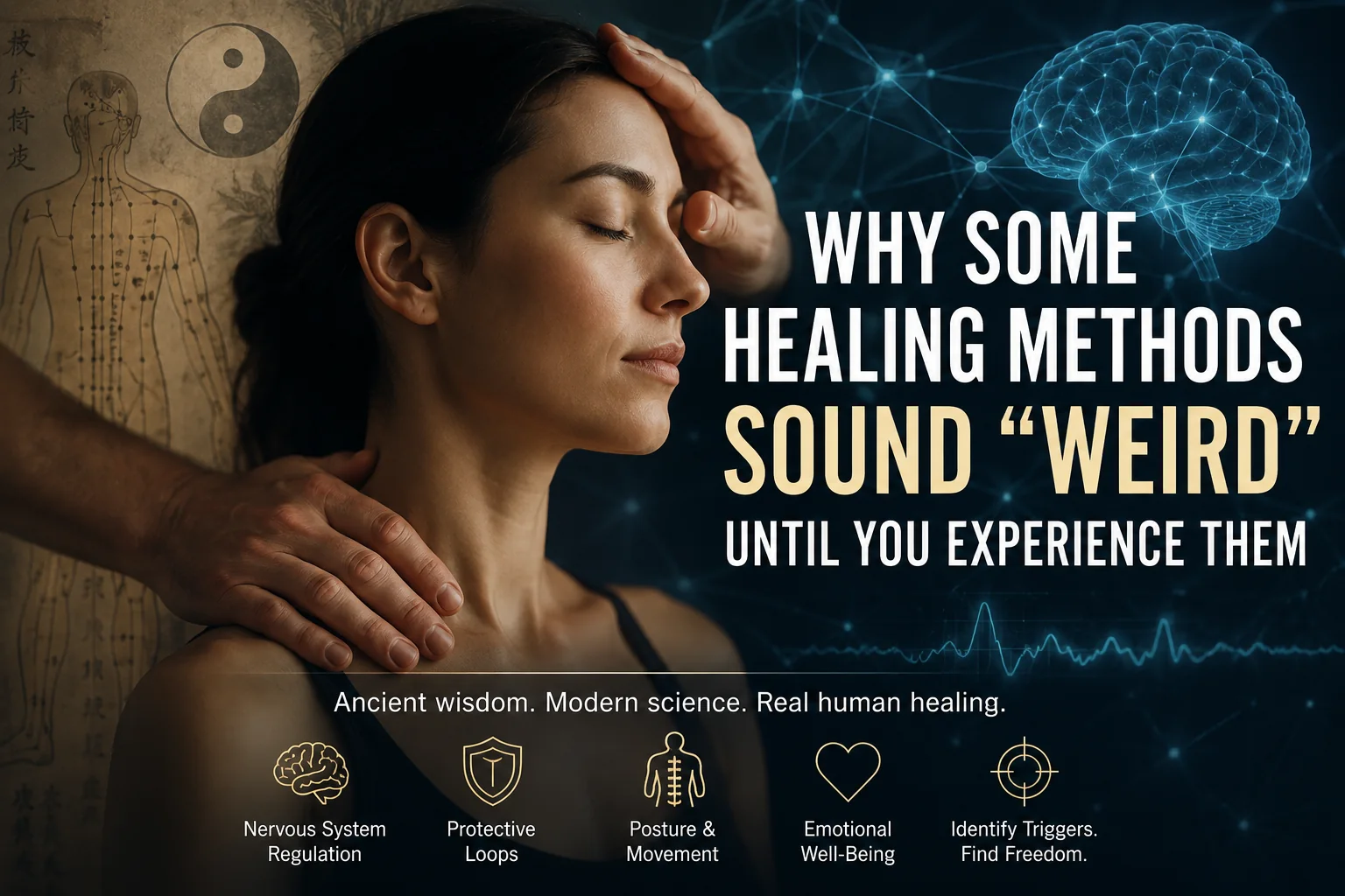 A wellness session surrounded by imagery of ancient healing practices, neuroscience, posture, and emotional regulation