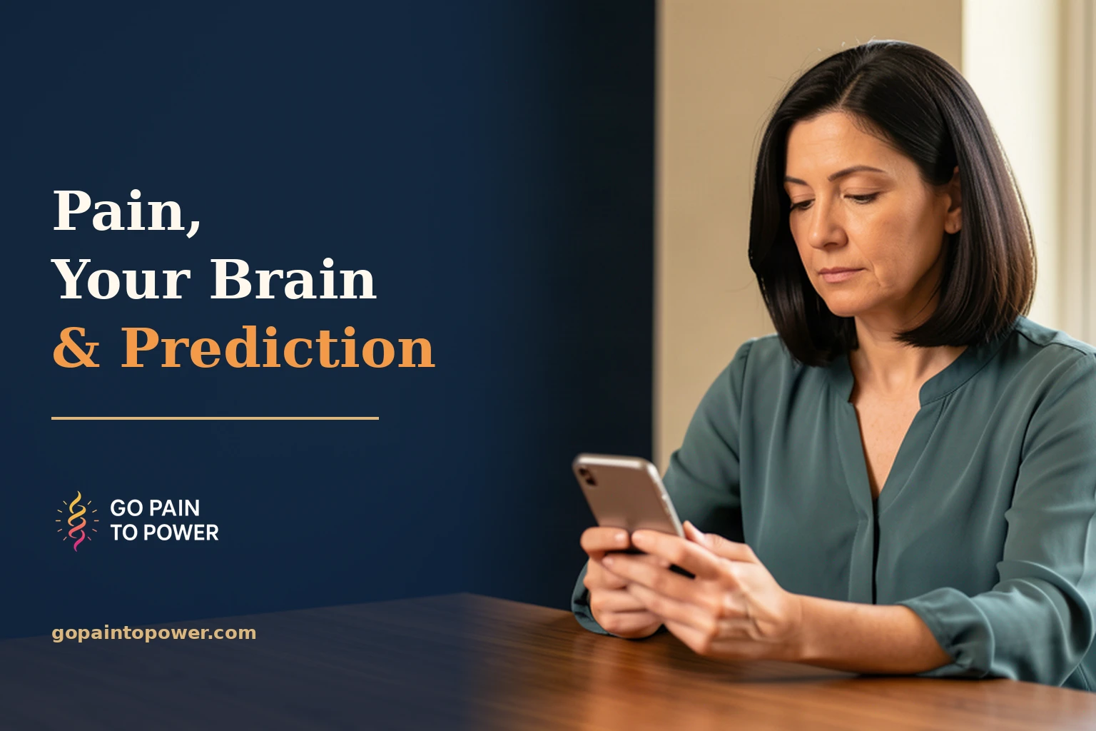 Illustrative AI-generated photo of a woman in teal looking at her phone, beside the title Pain, Your Brain & Prediction