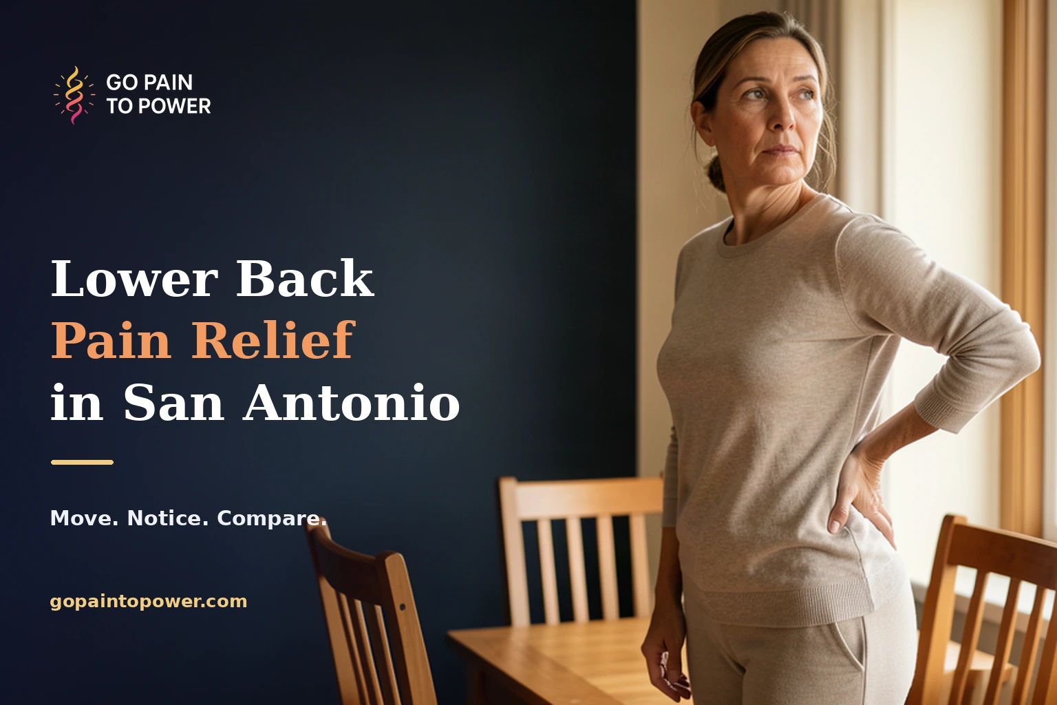 Illustrative AI-generated photograph of a woman with lower-back discomfort beside a chair