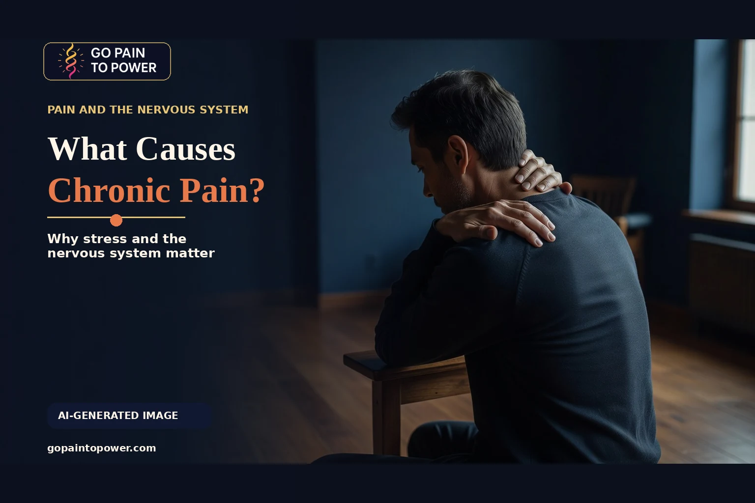 Photorealistic AI-generated image of a person holding the neck and shoulder, for an article on chronic pain, stress, and the nervous system