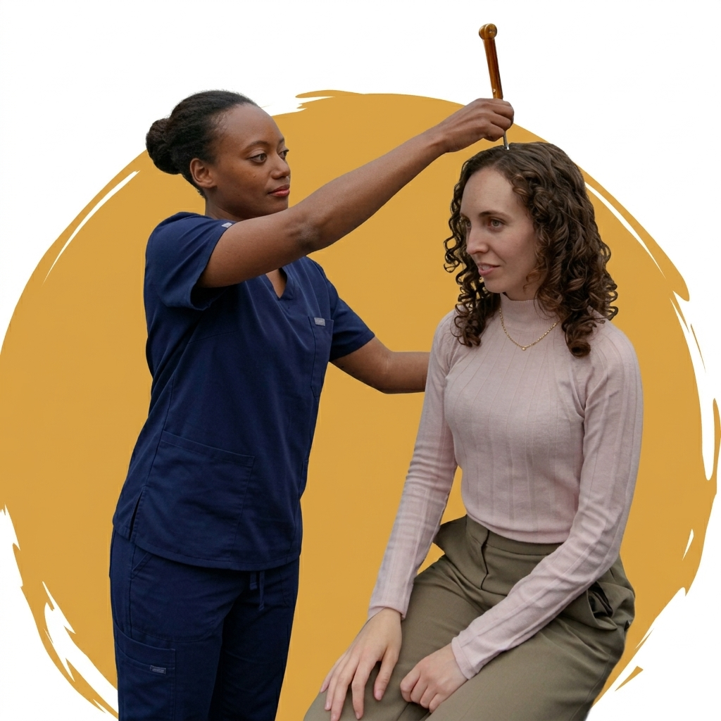 Antréa Ferguson using a tuning fork during a wellness demonstration